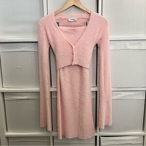 Danielle Guizio Sweet Rib Knit Midi Skirt & Cardigan Set in Pink